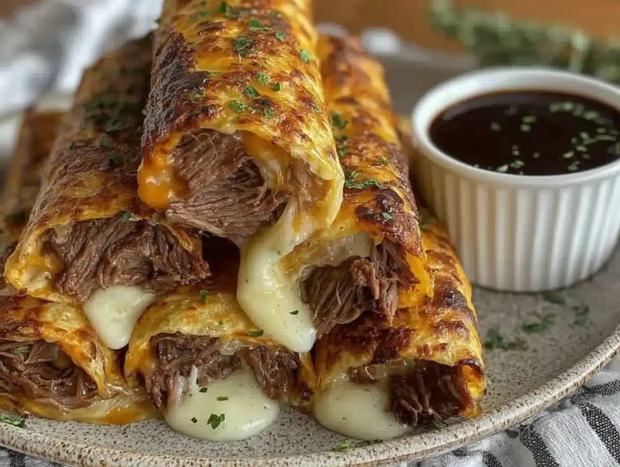 savory french dip tortilla roll ups - featured image